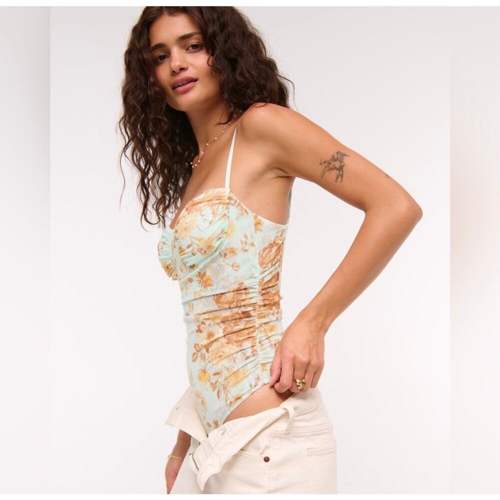 Abercrombie & Fitch Floral Ruched Bodysuit in Light Blue and Tan